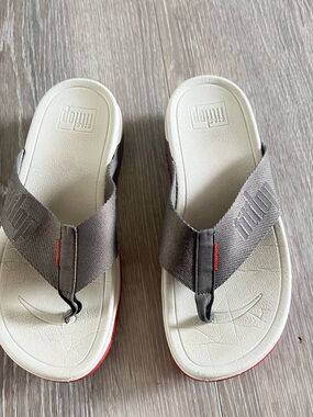 Vans Gray Strap Flip Flops with White Footbeds and Red Trim